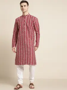 SOJANYA Men Maroon & White Embroidered Kurta with Churidar