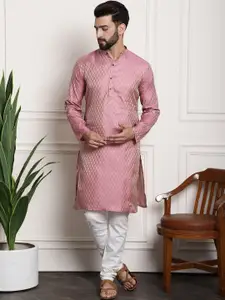 SOJANYA Men Pink & Off-White Woven Design Kurta with Churidar