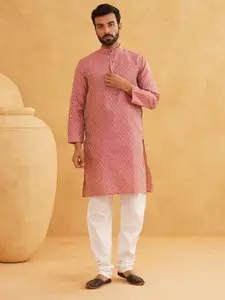 SOJANYA Men Pink & Off-White Woven Design Kurta with Churidar