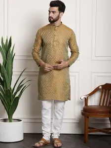 SOJANYA Men Golden & White Woven Design Kurta with Churidar