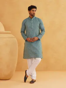 SOJANYA Men Blue & Beige Ethnic Motif Printed Jacquard Silk Kurta
