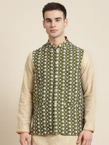 Sojanya Men Olive Green & White Embroidered Nehru Jacket