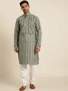 SOJANYA Men Olive Green & White Embroidered Kurta with Churidar
