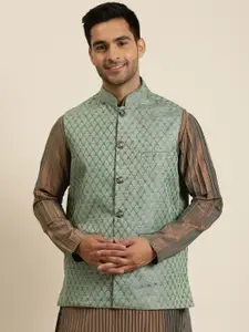 Sojanya Men Sea Green and Golden Woven Design Jacquard Silk Nehru Jacket