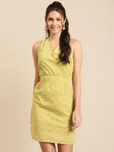 MABISH by Sonal Jain Women Mustard Yellow Cotton Printed Wrap Dress with Twisted Back