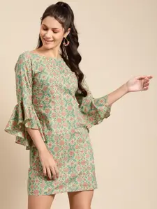 MABISH by Sonal Jain Women Green & Pink Cotton Printed Mini Sheath Dress