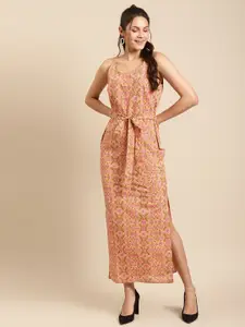 MABISH by Sonal Jain Women Peach-Coloured & Pink Cotton Printed Maxi Dress