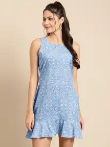 MABISH by Sonal Jain Women Blue & White Cotton Printed Mini A-Line Dress