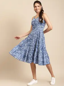 MABISH by Sonal Jain Blue & White Cotton Ethnic Motif Print Midi A-Line Dress