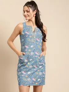 MABISH by Sonal Jain Women Blue & Beige Floral Print Cotton Sheath Dress