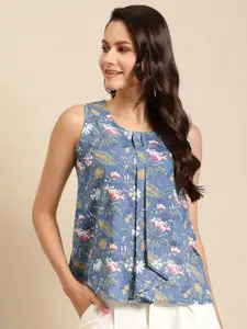 MABISH by Sonal Jain Blue & White Floral Printed Pure Cotton Pleated Top