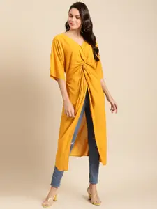 MABISH by Sonal Jain Mustard Yellow Solid Flared Sleeves Twisted Longline Top