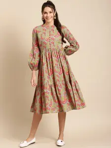 MABISH by Sonal Jain Women Grey & Pink Floral Print Cotton Midi A-Line Dress
