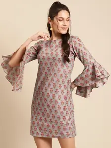 MABISH by Sonal Jain Women Grey & Pink Cotton Printed Mini Sheath Dress