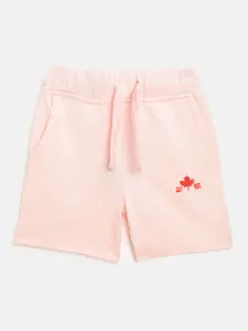 Rute Girls Pink Solid Pure Cotton Slim Fit Shorts with Maple Leaves Print Detail