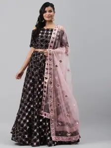 Readiprint Fashions Black & Pink Embellished Semi-Stitched Lehenga & Unstitched Blouse with Dupatta