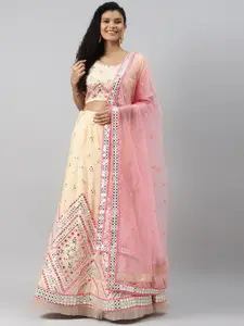 Readiprint Fashions Cream-Coloured & Pink Embroidered Semi-Stitched Lehenga & Unstitched Blouse with Dupatta