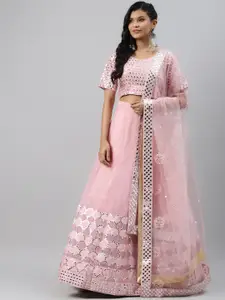 Readiprint Fashions Pink & Silver-Toned Embroidered Semi-Stitched Lehenga & Unstitched Blouse with Dupatta