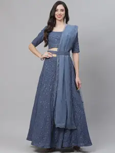 SHUBHKALA Blue Embroidered Sequinned Semi-Stitched Lehenga & Unstitched Blouse With Dupatta