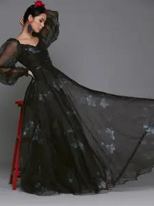 Inddus Black & Blue Power Shoulders Floral Printed Maxi Dress
