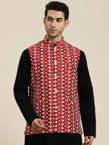 SOJANYA Men Red & White Woven Design Nehru Jacket