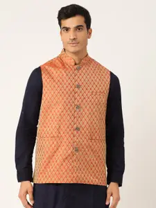Sojanya Men Orange & Golden Self Design Jacquard Silk Nehru Jacket