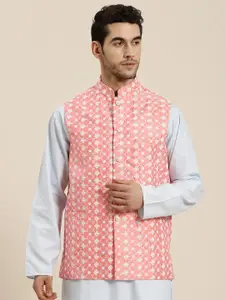 SOJANYA Men Pink & White Woven Design Nehru Jacket
