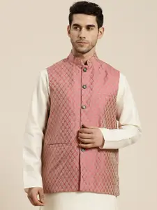 SOJANYA Men Pink & Beige Self  Design Jacquard Nehru Jacket