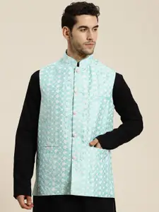 SOJANYA Men Blue & White Woven Design Nehru Jacket