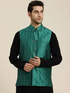 SOJANYA Men Green & Black Self Design Jacquard Nehru Jacket