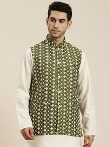 SOJANYA Men Olive Green & White Woven Design Nehru Jacket