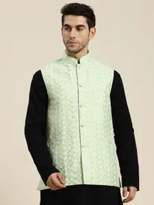 SOJANYA Men Green & White Woven Design Nehru Jacket