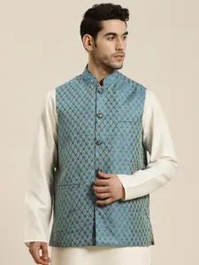 SOJANYA Men Teal Blue & Beige Woven Design Jacquard Nehru Jacket