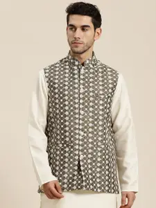 SOJANYA Men Taupe & White Woven Design Nehru Jacket