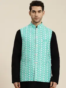 SOJANYA Men Blue & White Woven Design Nehru Jacket