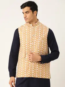 Sojanya Men Mustard Yellow & Off-White Jacquard Silk Self Design Nehru Jacket