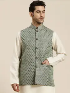 SOJANYA Men Green & Breige Woven Design Jacquard Silk Nehru Jacket