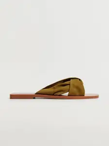 MANGO Women Olive Green Solid Suede Open Toe Flats