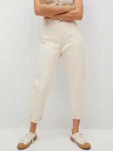 MANGO Women Off-White Cotton Slouchy Fit High-Rise Clean Look Sustainable Cropped Jeans