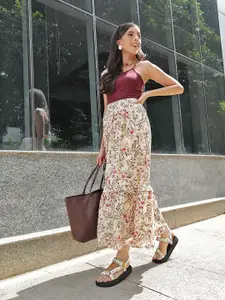 MANGO Cream-Coloured & Pink Printed Sustainable Flared Maxi Skirt