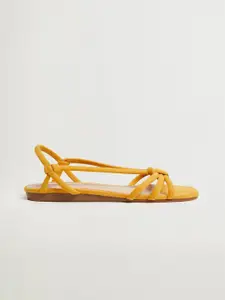 MANGO Women Mustard Yellow Solid Open Toe Flats with Knot Detail