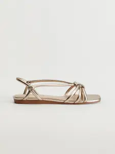 MANGO Women Gold-Toned Solid Open Toe Flats with Knot Detail