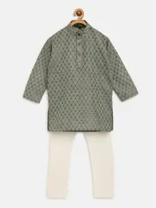 SOJANYA Boys Grey & Off-White Woven Design Jacquard Weave Kurta with Solid Pyjamas