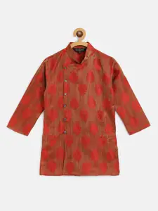 SOJANYA Boys Rust Brown & Red Woven Design Mandarin Collar Jacquard Straight Kurta