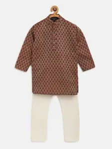 SOJANYA Boys Maroon & Beige Woven Design Jacquard Kurta with Solid Pyjamas