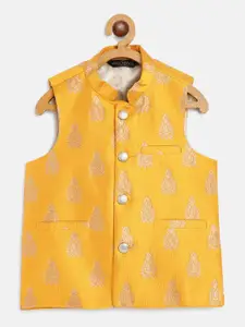 SOJANYA Boys Yellow & Golden Jacquard Woven Design Nehru Jacket