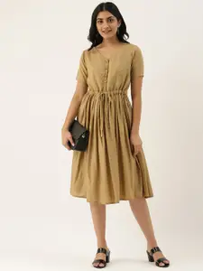 Ethnovog Women Khaki Brown Solid Made To Measure Fit and Flare Dress