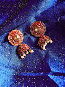 PANASH Red Gold-Plated Red Pearl Hand-Painted Dome Shaped Jhumkas