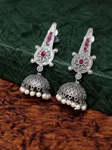 PANASH Pink Silver-Plated Oxidized Dome Shaped Jhumkas