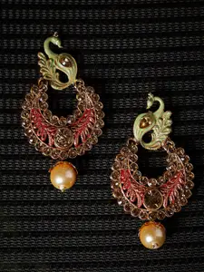 PANASH Red & Green Gold-Plated LCT Stoned Peacock Shaped Handcrafted Drop Earrings